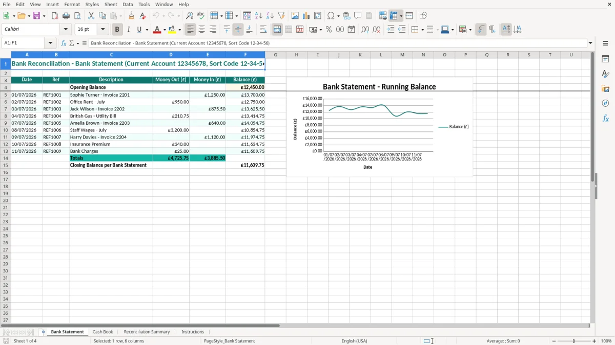 Screenshot 1: Bank Statement tab - Excel template bank reconciliation excel template uk