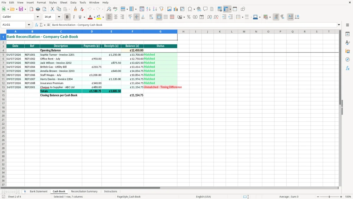 Screenshot 2: Cash Book tab - Excel template bank reconciliation excel template uk