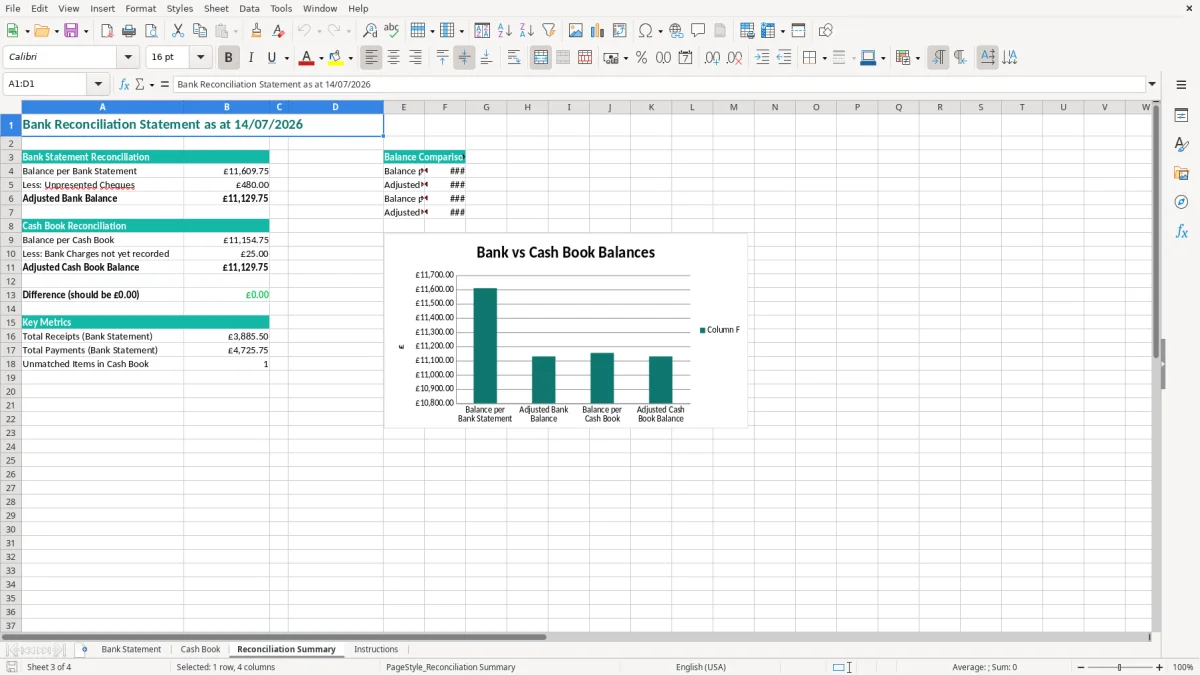 Screenshot 3: Reconciliation Summary tab - Excel template bank reconciliation excel template uk