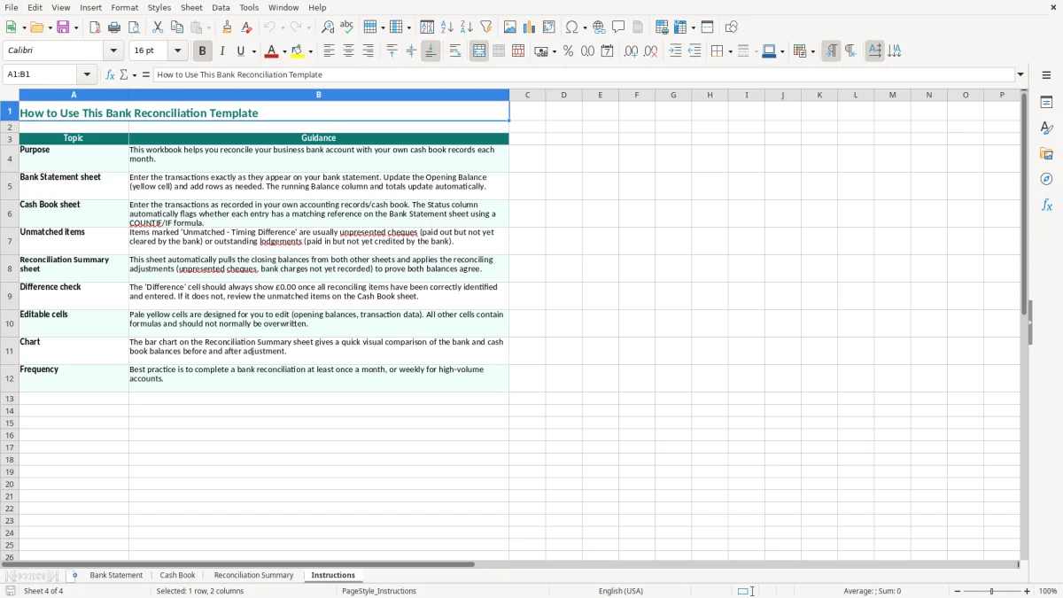 Screenshot 4: Instructions tab - Excel template bank reconciliation excel template uk