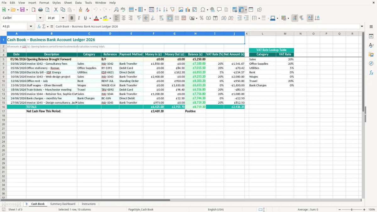 Screenshot 1: Cash Book tab - Excel template cash book excel template uk