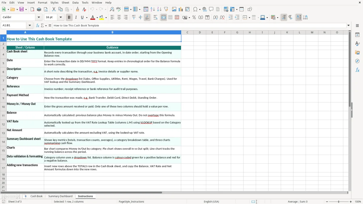 Screenshot 3: Instructions tab - Excel template cash book excel template uk