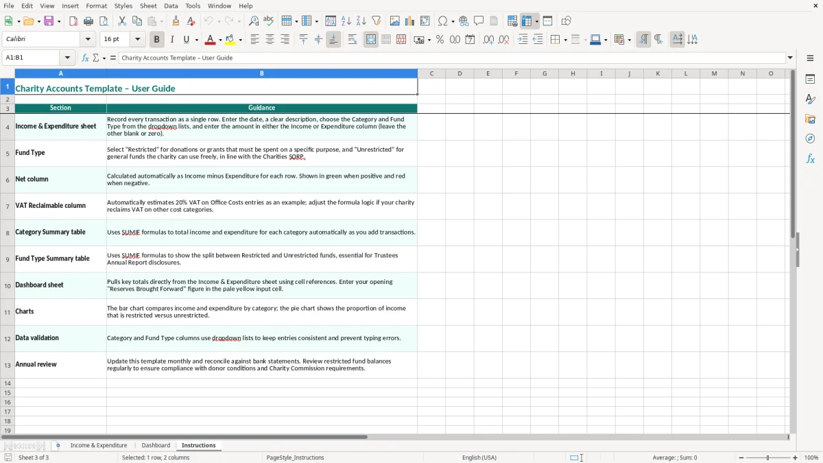 Screenshot 3: Instructions tab - Excel template charity accounts excel template uk
