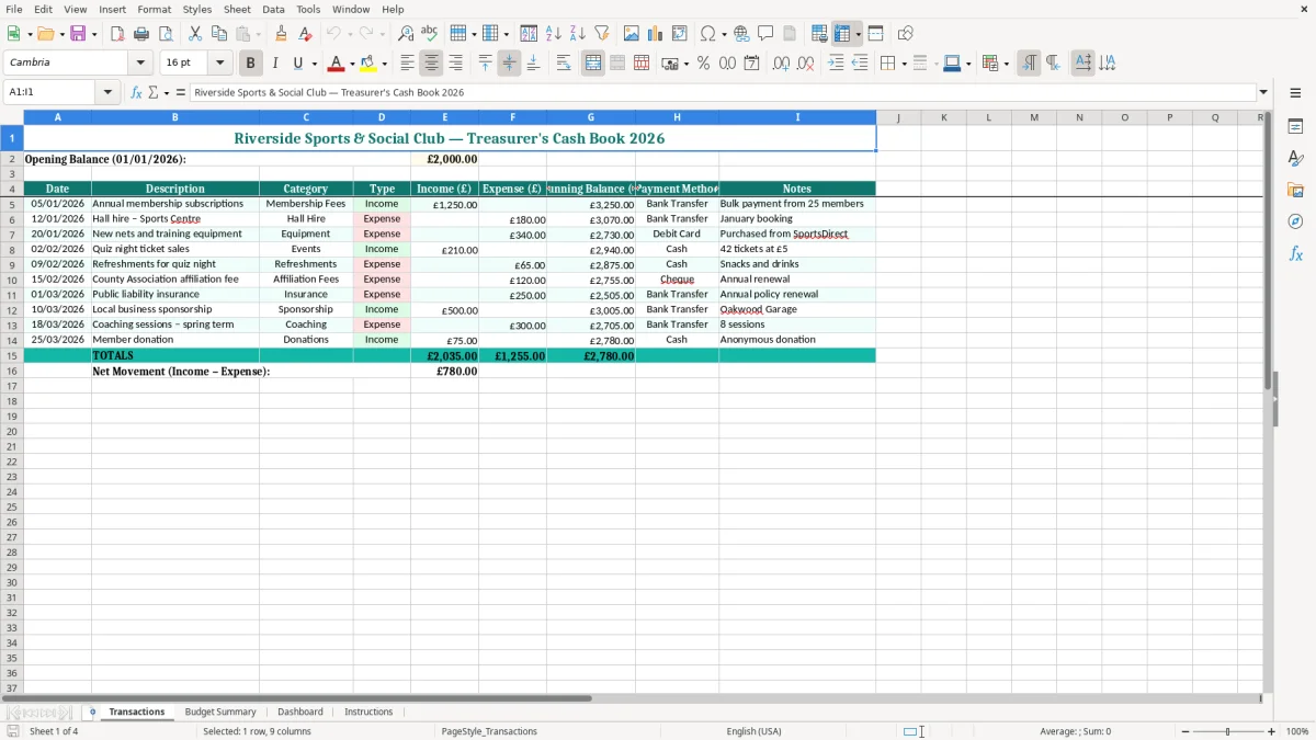 Screenshot 1: Transactions tab - Excel template club treasurer report excel template uk