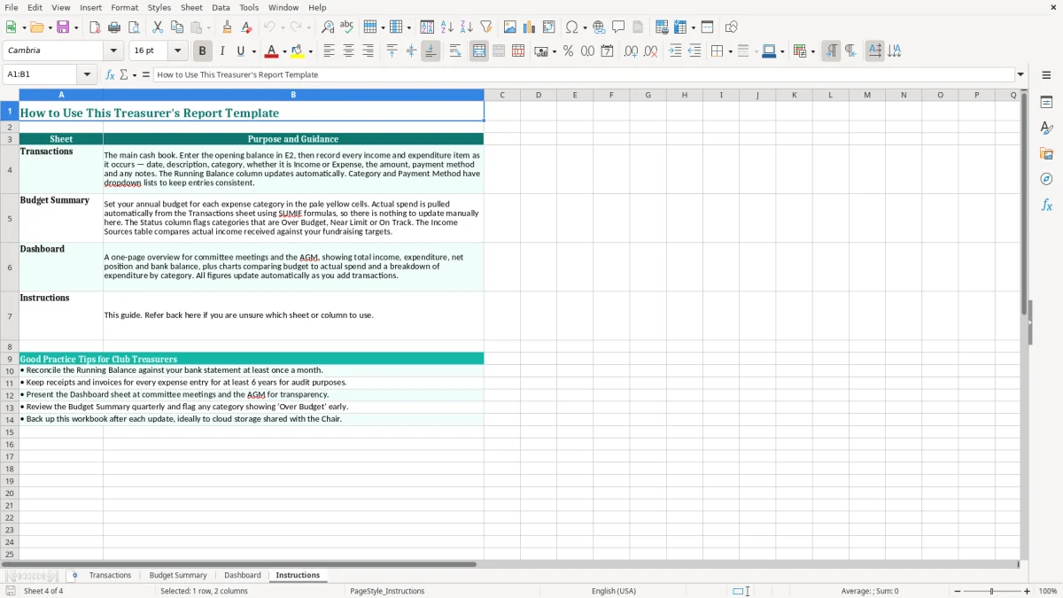 Screenshot 4: Instructions tab - Excel template club treasurer report excel template uk