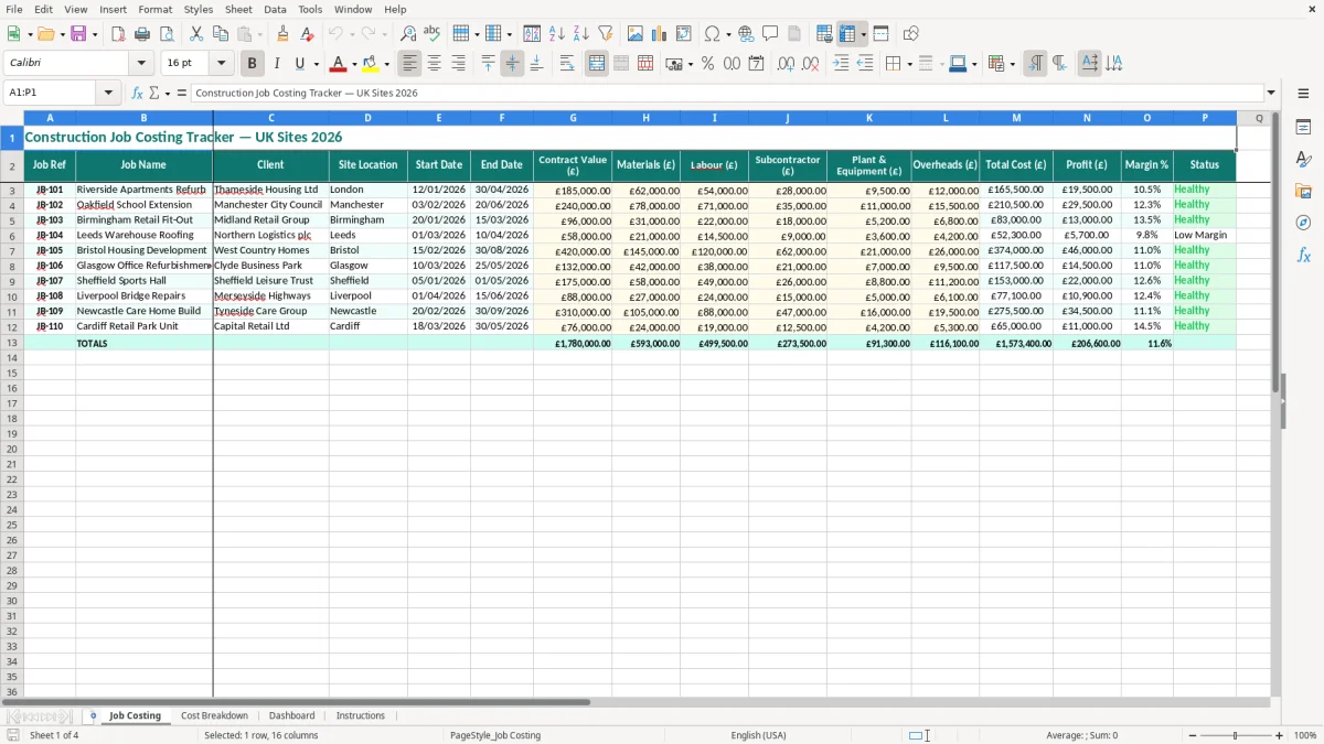 Screenshot 1: Job Costing tab - Excel template construction job costing excel template uk
