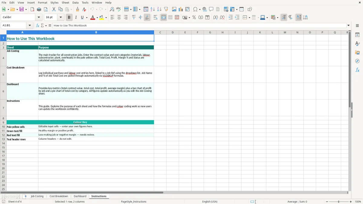 Screenshot 4: Instructions tab - Excel template construction job costing excel template uk