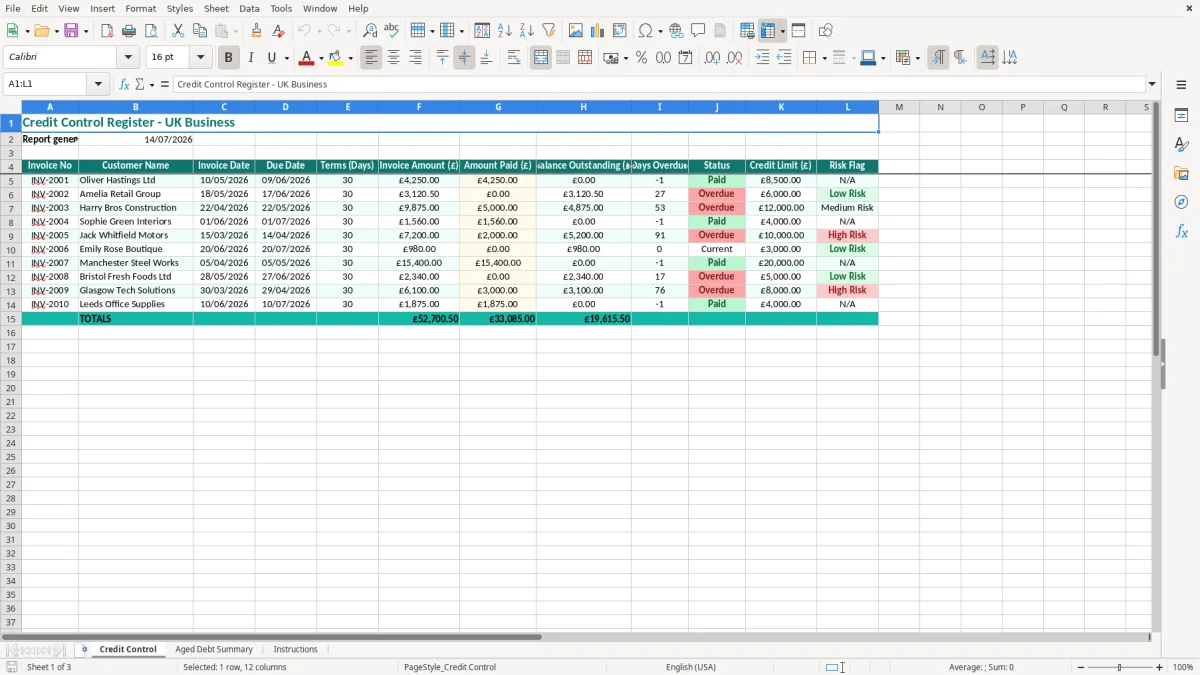 Screenshot 1: Credit Control tab - Excel template credit control excel template uk