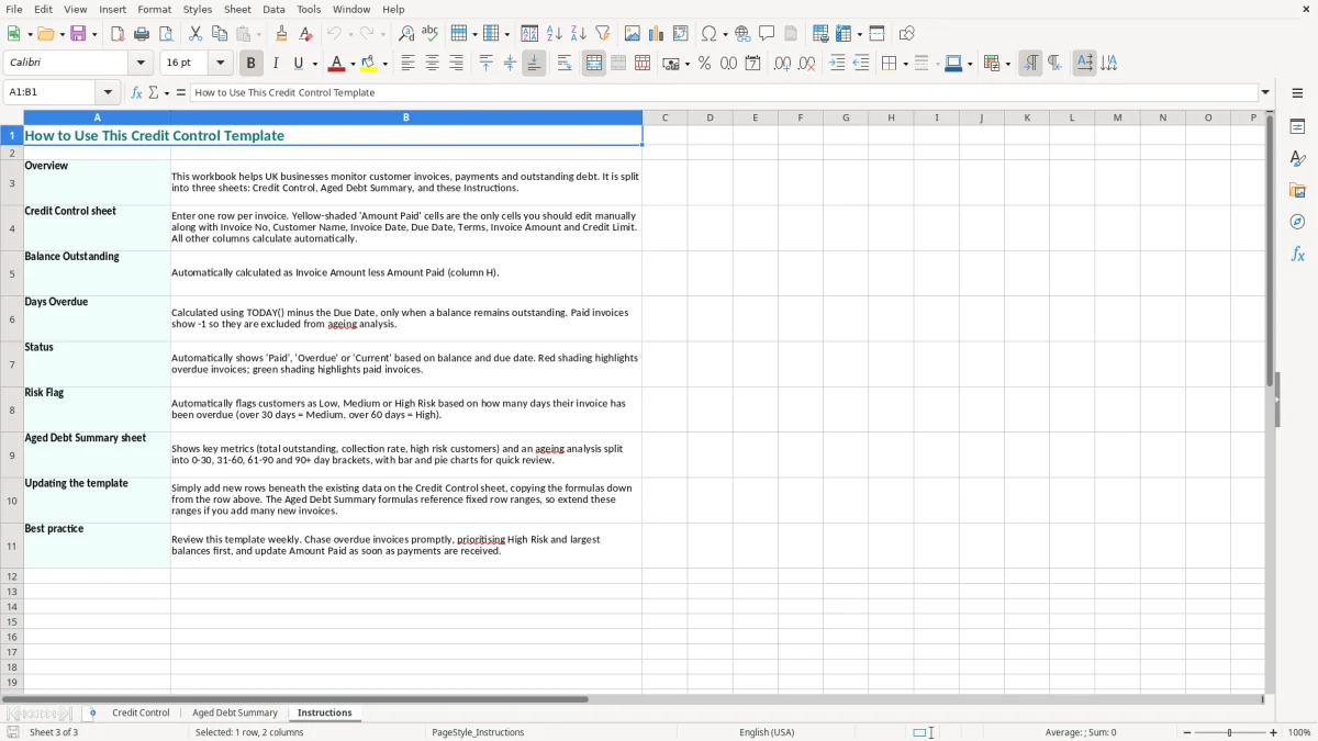 Screenshot 3: Instructions tab - Excel template credit control excel template uk
