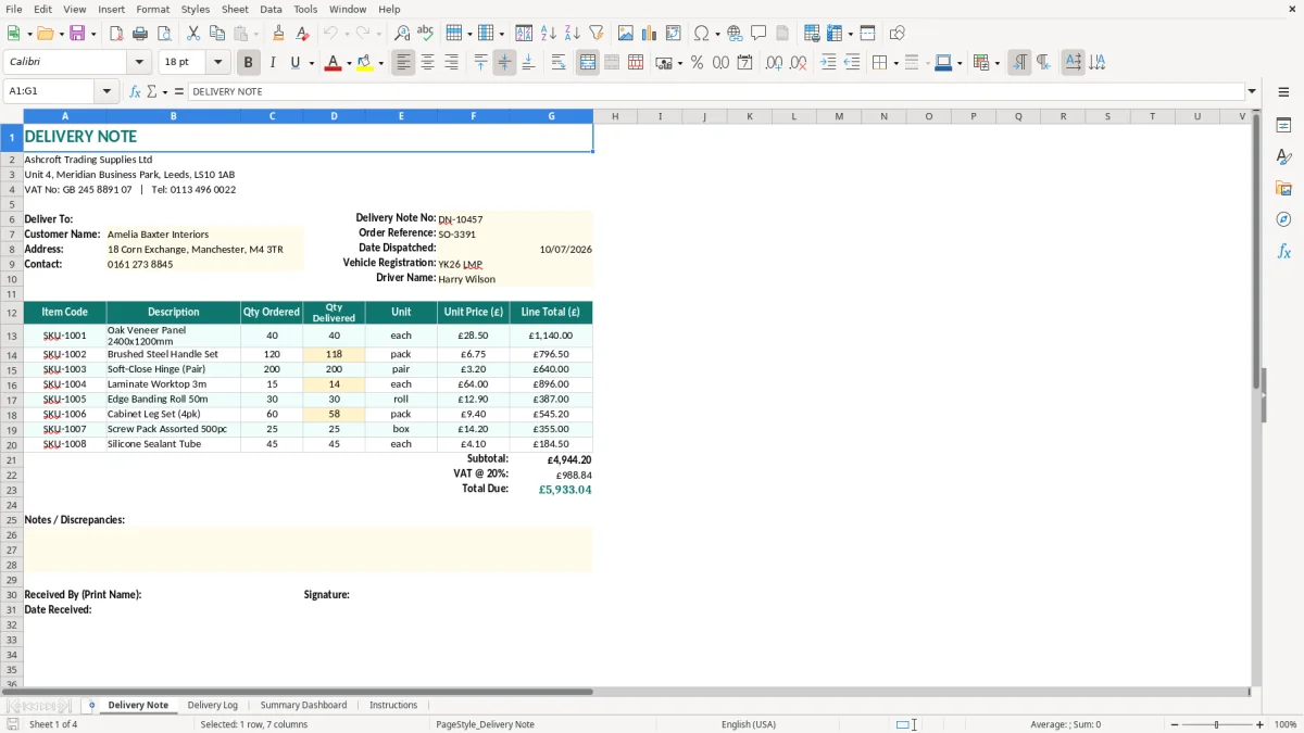 Screenshot 1: Delivery Note tab - Excel template delivery note excel template uk