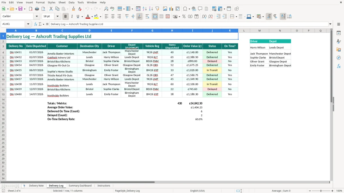 Screenshot 2: Delivery Log tab - Excel template delivery note excel template uk