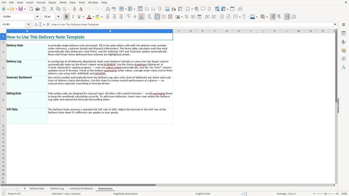 Screenshot 4: Instructions tab - Excel template delivery note excel template uk
