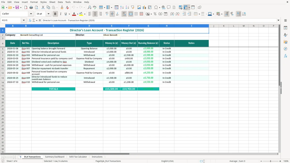 Screenshot 1: DLA Transactions tab - Excel template directors loan account excel template uk
