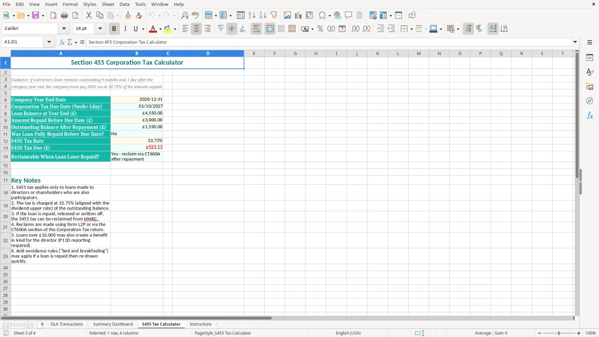 Screenshot 3: S455 Tax Calculator tab - Excel template directors loan account excel template uk