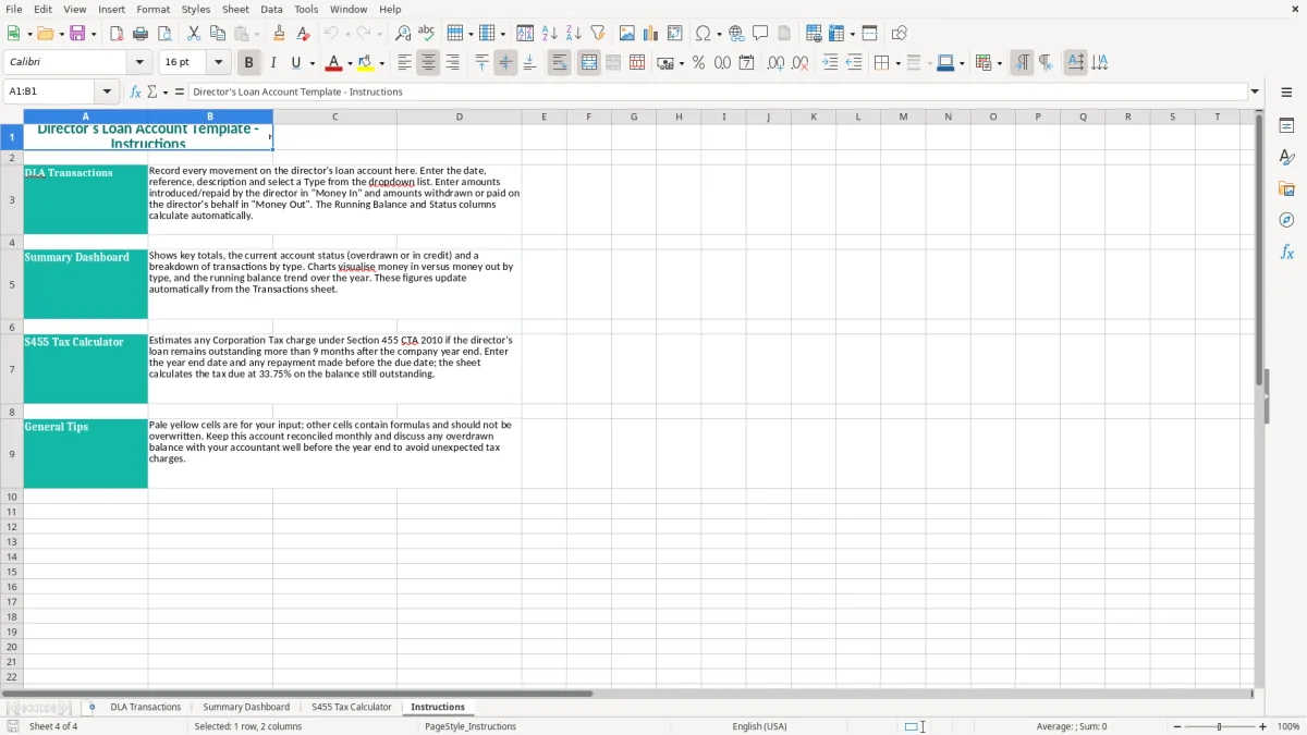 Screenshot 4: Instructions tab - Excel template directors loan account excel template uk