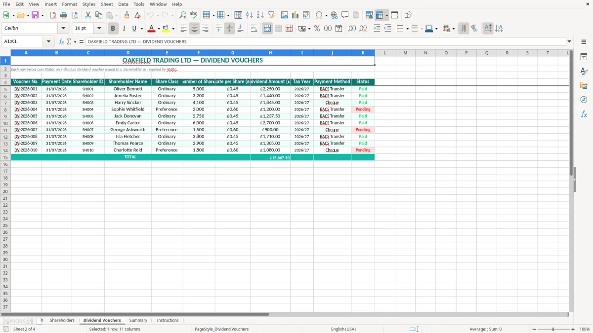 Screenshot 2: Dividend Vouchers tab - Excel template dividend voucher excel template uk