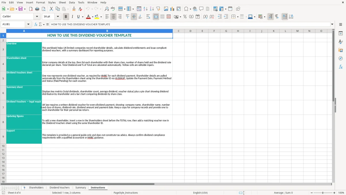Screenshot 4: Instructions tab - Excel template dividend voucher excel template uk