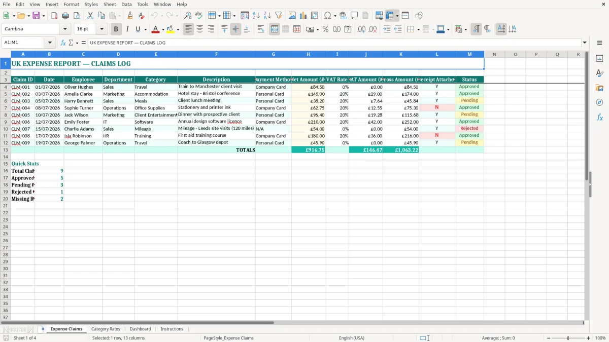 Screenshot 1: Expense Claims tab - Excel template expense report excel template uk