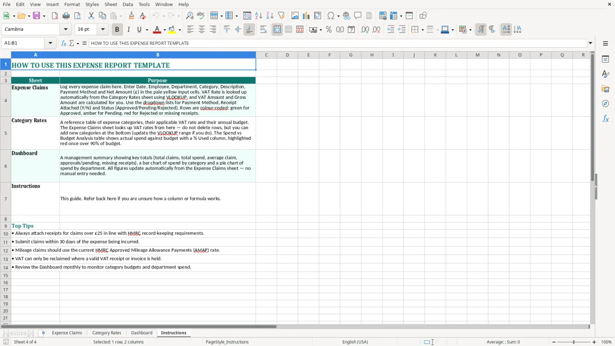 Screenshot 4: Instructions tab - Excel template expense report excel template uk