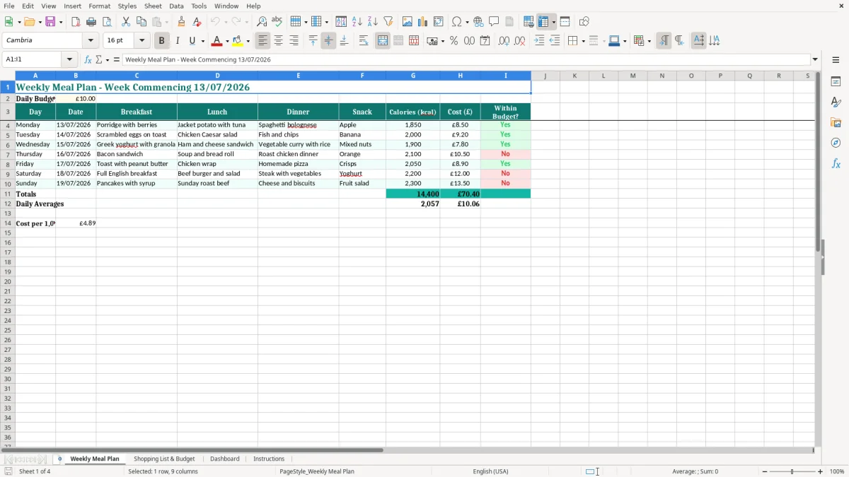 Screenshot 1: Weekly Meal Plan tab - Excel template meal planner excel template uk