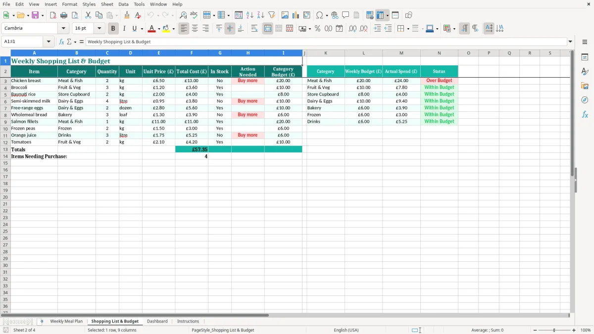 Screenshot 2: Shopping List & Budget tab - Excel template meal planner excel template uk