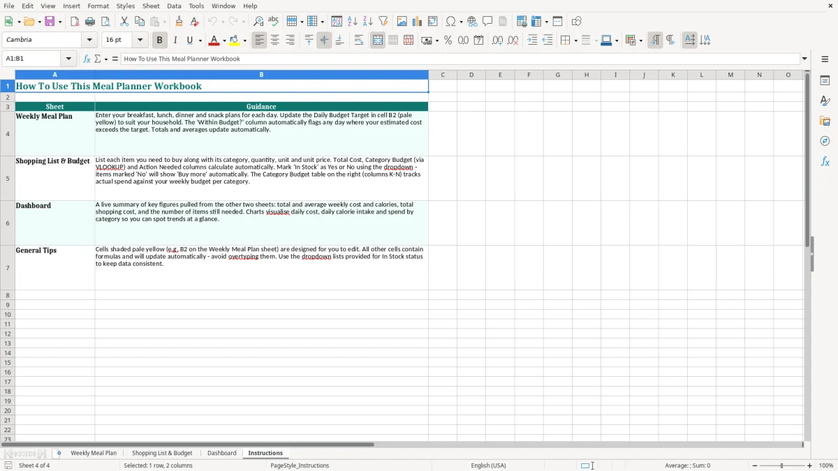 Screenshot 4: Instructions tab - Excel template meal planner excel template uk