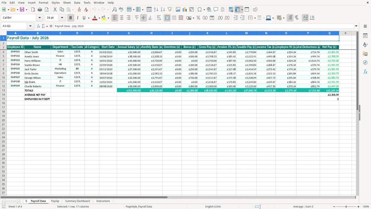 Screenshot 1: Payroll Data tab - Excel template payslip excel template uk