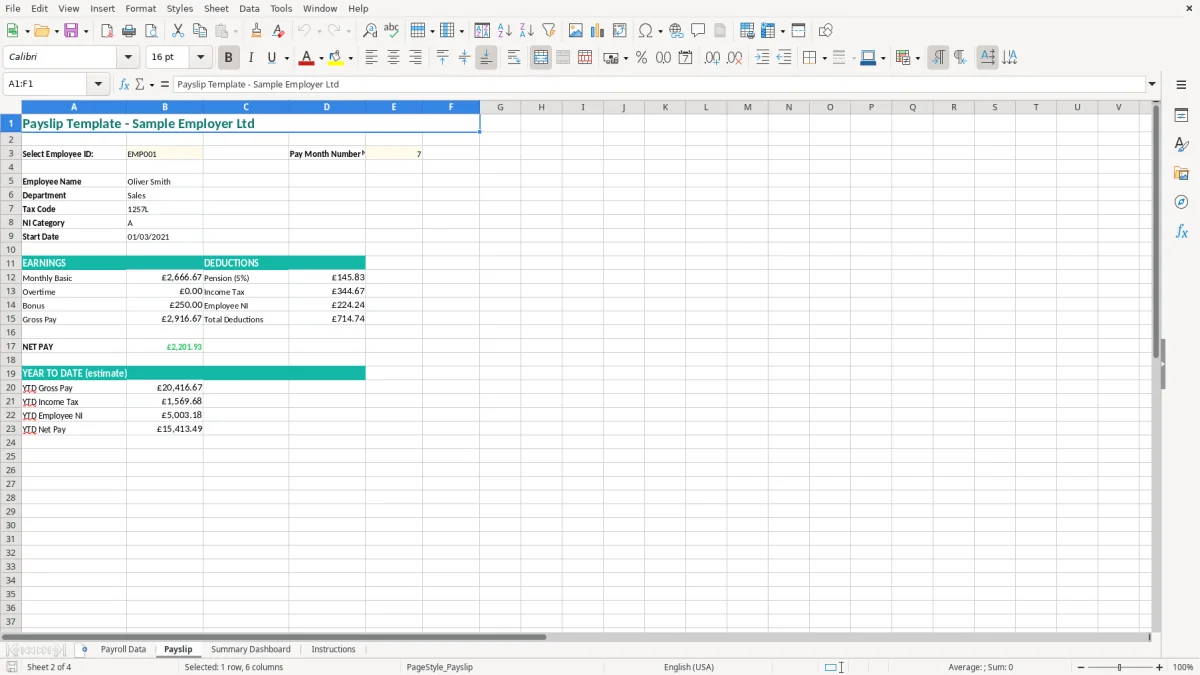 Screenshot 2: Payslip tab - Excel template payslip excel template uk