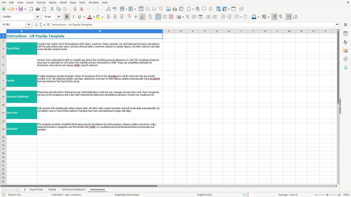 Screenshot 4: Instructions tab - Excel template payslip excel template uk