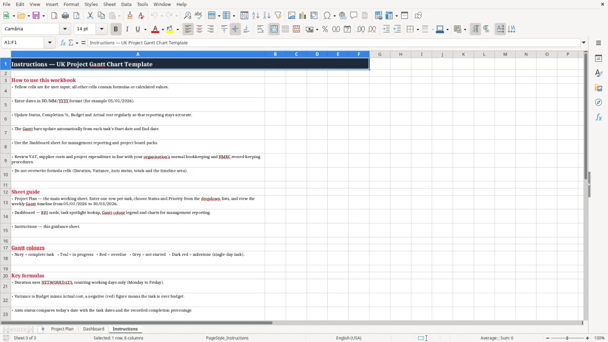 Screenshot 3: Instructions tab - Excel template project gantt chart excel template uk