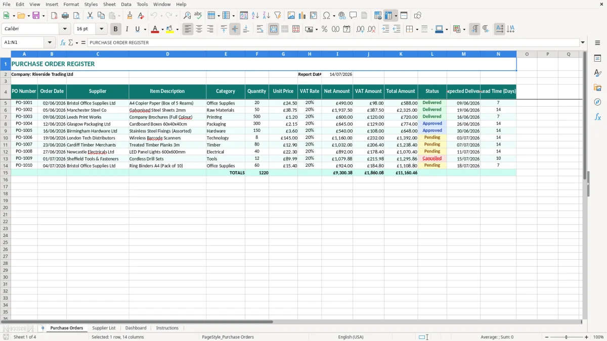 Screenshot 1: Purchase Orders tab - Excel template purchase order excel template uk