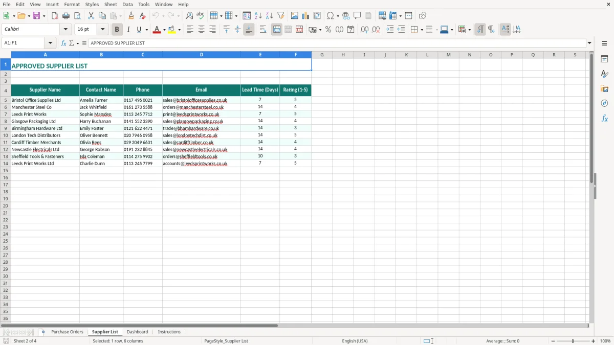 Screenshot 2: Supplier List tab - Excel template purchase order excel template uk