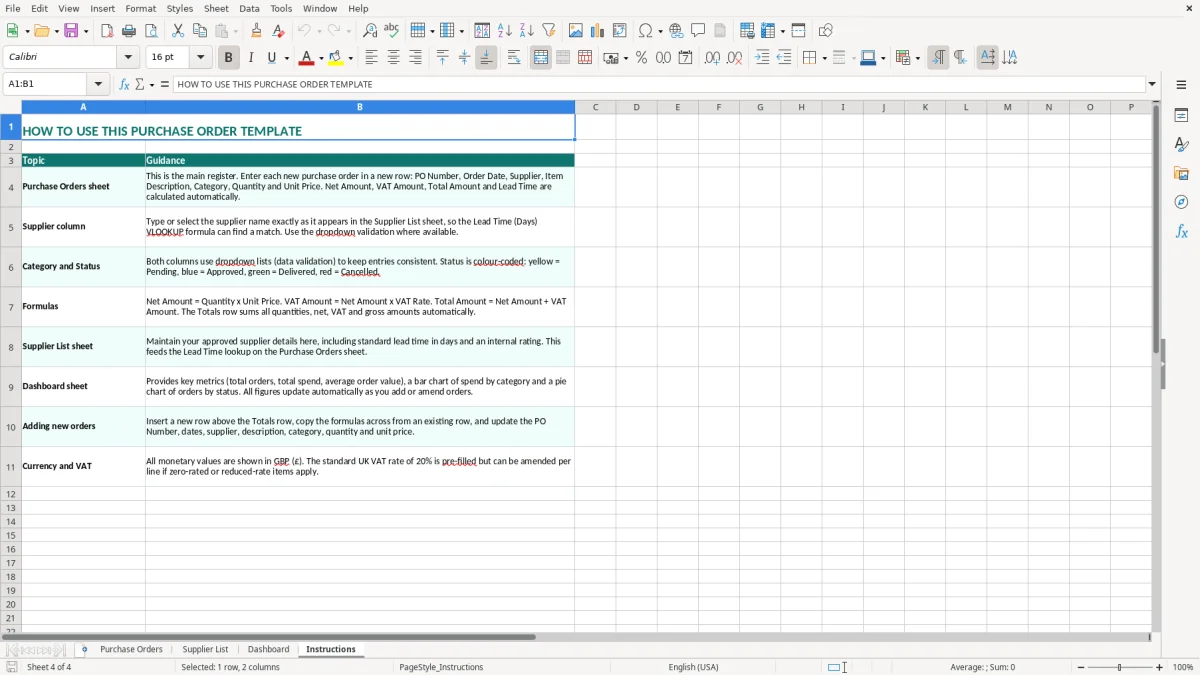 Screenshot 4: Instructions tab - Excel template purchase order excel template uk