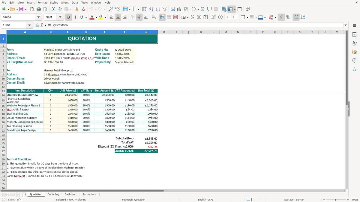 Screenshot 1: Quotation tab - Excel template quotation excel template uk