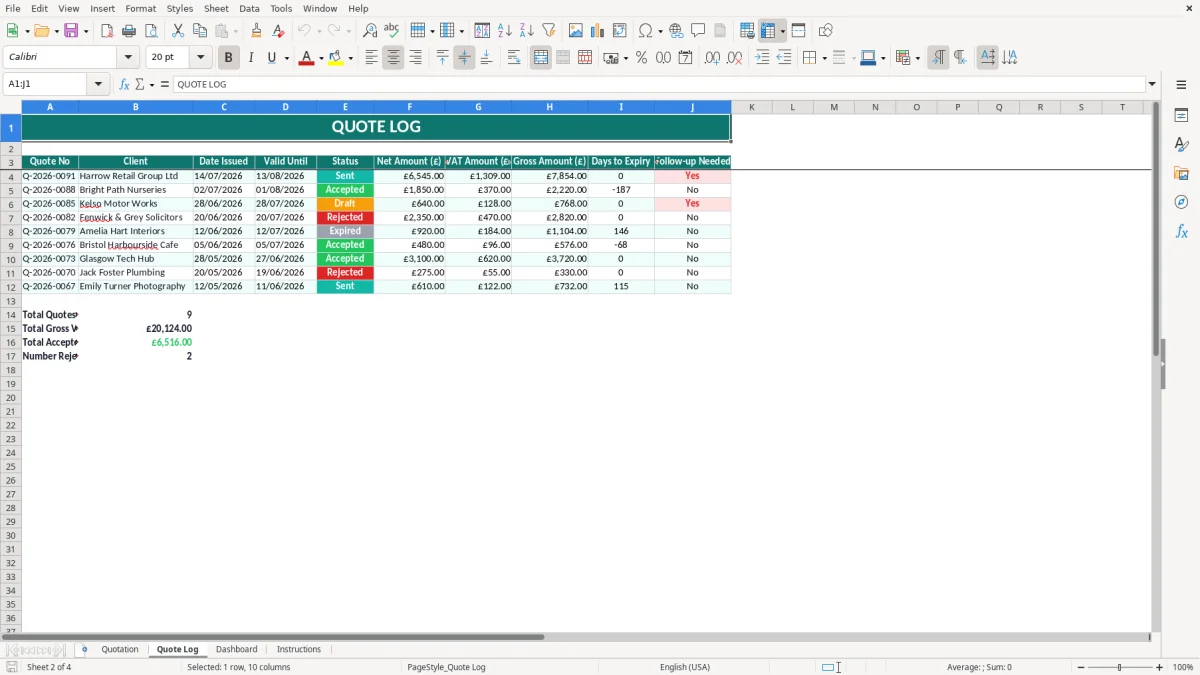 Screenshot 2: Quote Log tab - Excel template quotation excel template uk