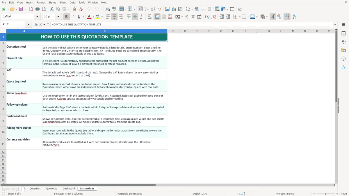 Screenshot 4: Instructions tab - Excel template quotation excel template uk