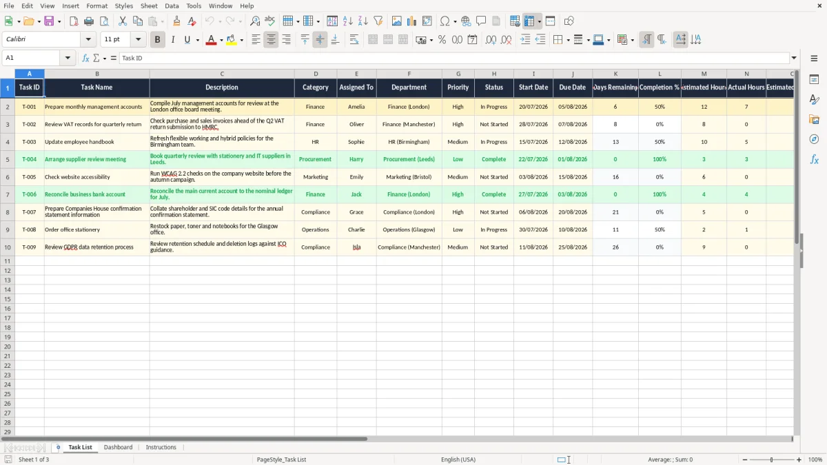 Screenshot 1: Task List tab - Excel template task list excel template uk