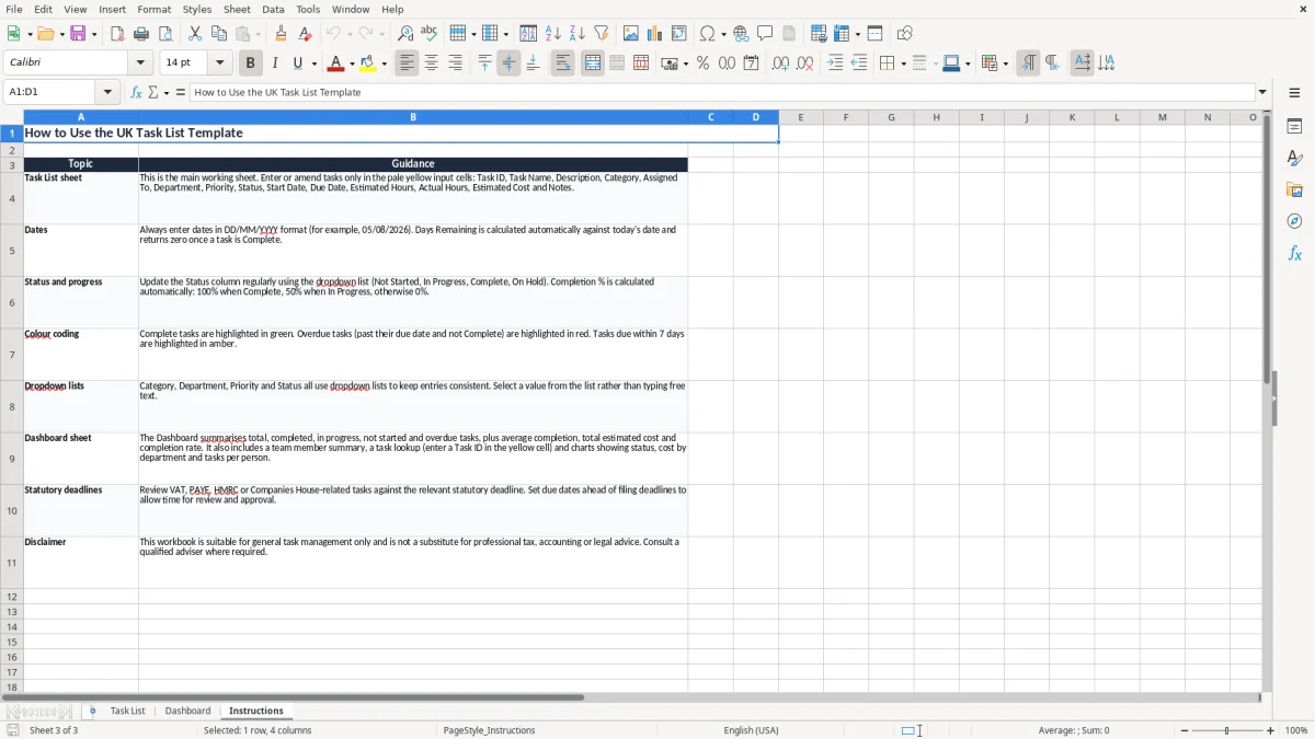 Screenshot 3: Instructions tab - Excel template task list excel template uk