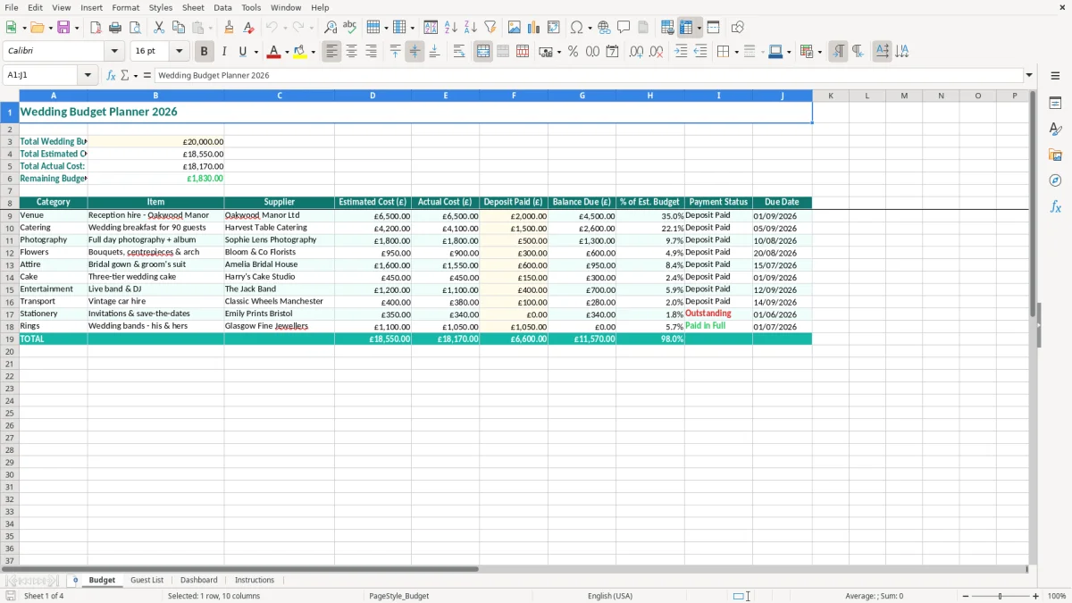 Screenshot 1: Budget tab - Excel template wedding budget excel template uk