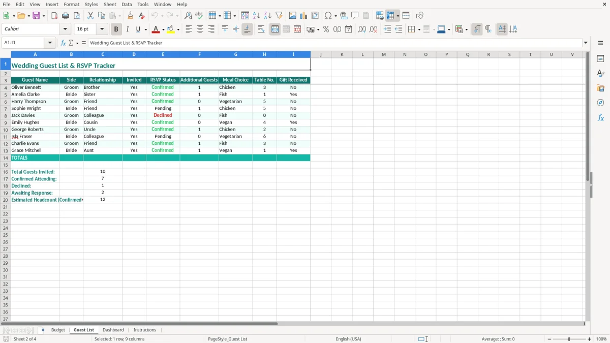 Screenshot 2: Guest List tab - Excel template wedding budget excel template uk