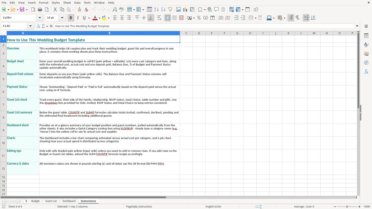 Screenshot 4: Instructions tab - Excel template wedding budget excel template uk