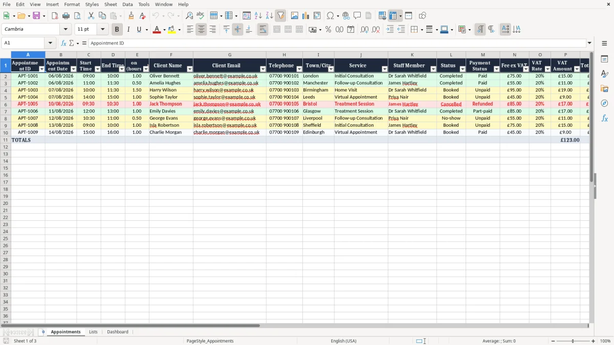 Screenshot 1: Appointments tab - Excel template appointment scheduler excel template uk