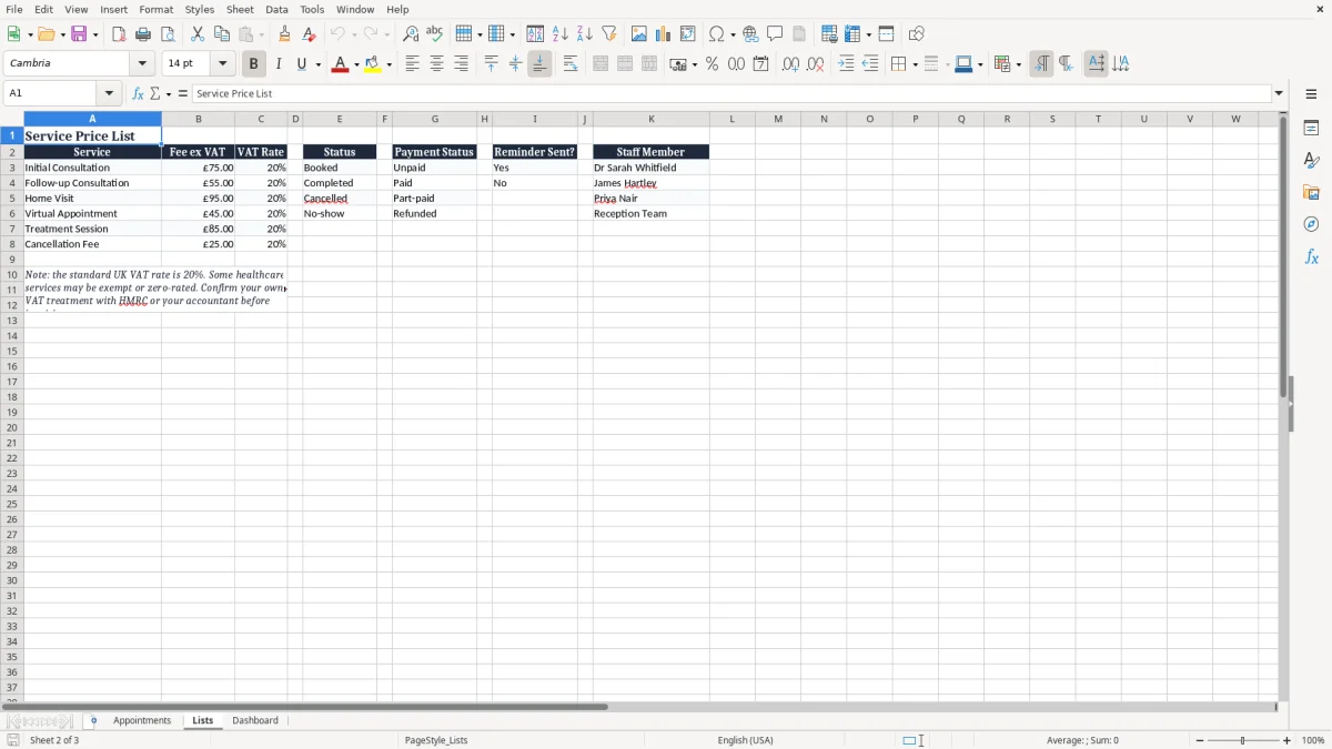 Screenshot 2: Lists tab - Excel template appointment scheduler excel template uk