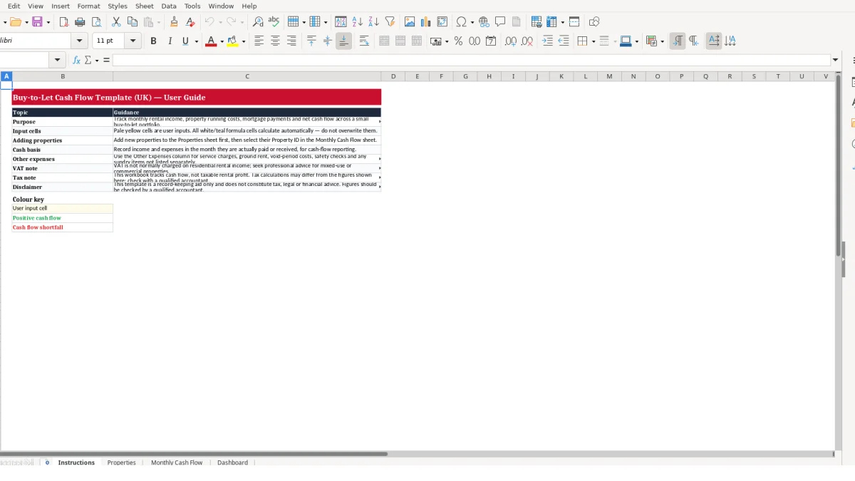 Screenshot 1: Instructions tab - Excel template buy to let cash flow excel template uk