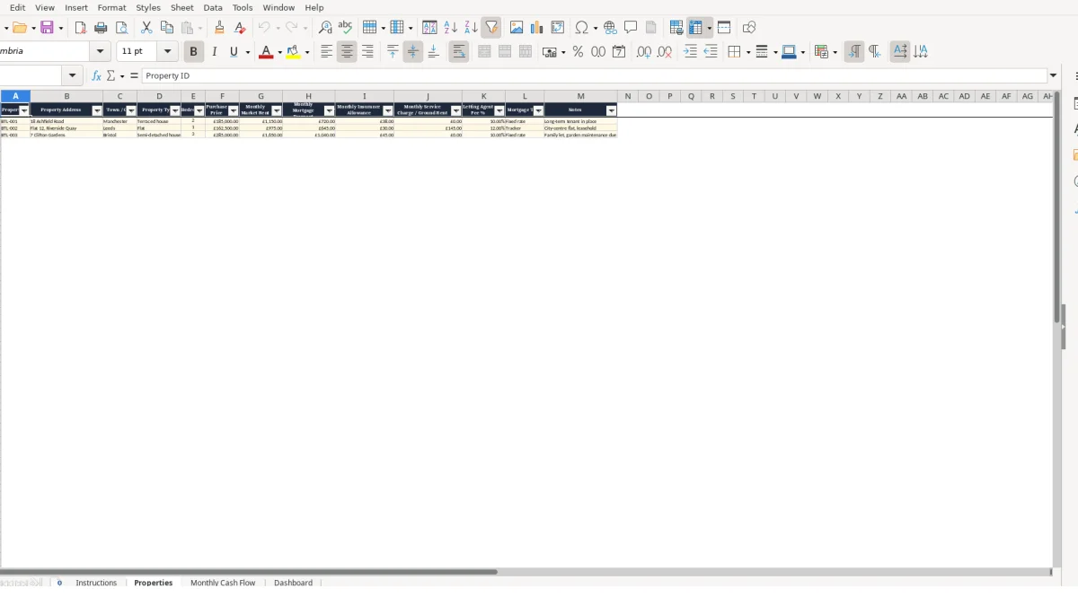 Screenshot 2: Properties tab - Excel template buy to let cash flow excel template uk