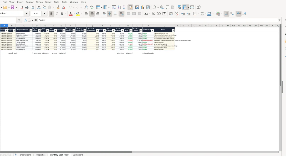 Screenshot 3: Monthly Cash Flow tab - Excel template buy to let cash flow excel template uk
