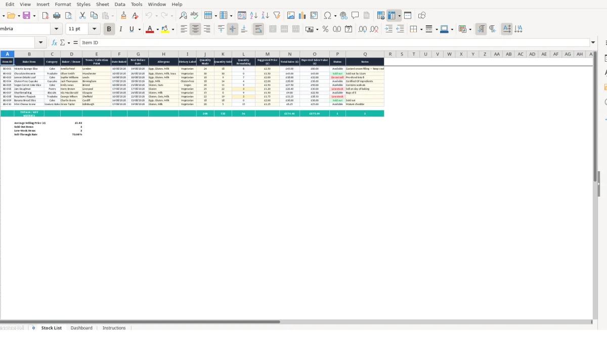 Screenshot 1: Stock List tab - Excel template charity bake sale stock list excel template uk