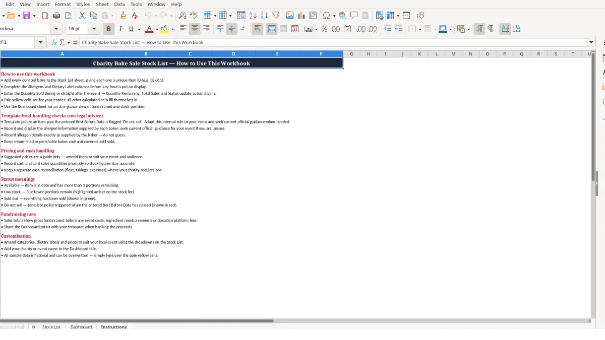 Screenshot 3: Instructions tab - Excel template charity bake sale stock list excel template uk