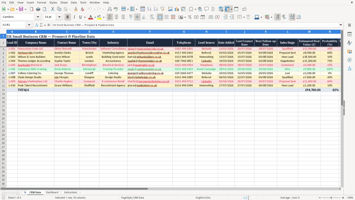 Screenshot 1: CRM Data tab - Excel template crm excel template uk small business