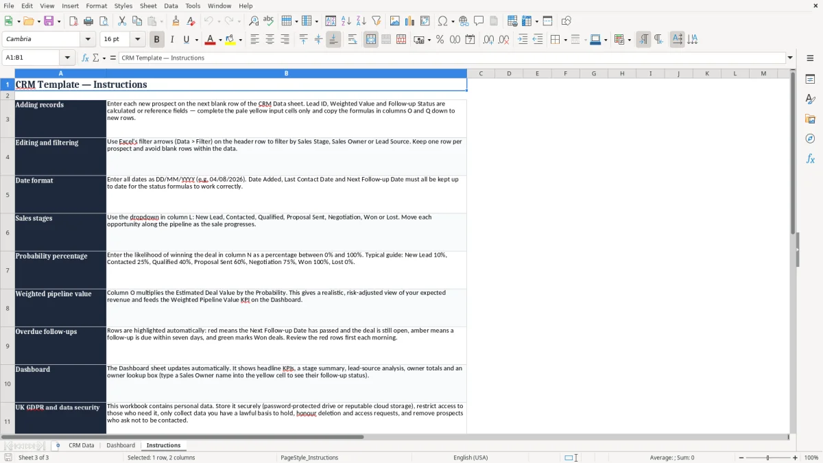 Screenshot 3: Instructions tab - Excel template crm excel template uk small business